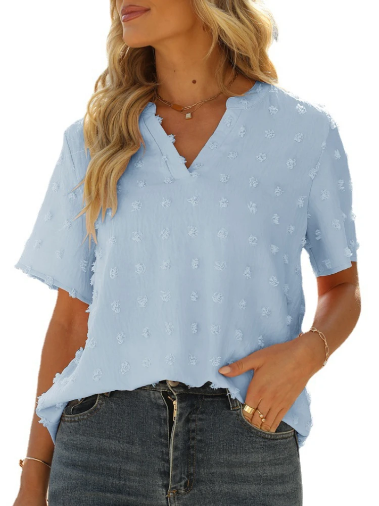 Womens Jacquard V-neck Short Sleeve Solid Wool Ball Chiffon Tops Shirt for Summer