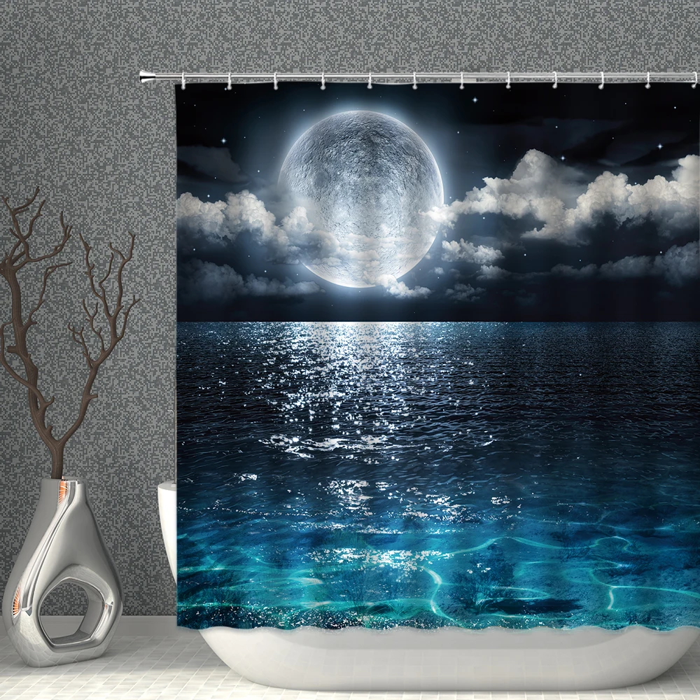 

Home Decoration Beautiful Night Ocean Flower Starlight Bathroom Decoration Shower Curtain Full Moon Sea Scenic Shower Curtain