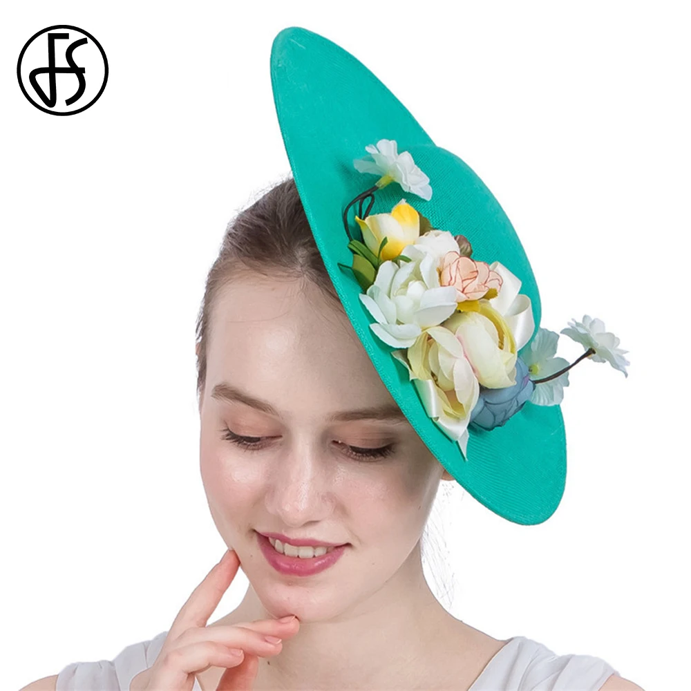 

FS Emerald Green Millinery Kentucky Hats For Women Elegant Church Fascinator Wedding Derby Cap Cocktail Party Hair Accessories