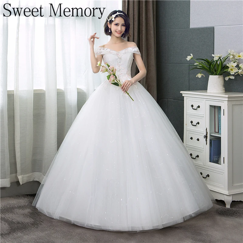 

U145 Boat Neck Wedding Dresses Bride Long Vestido De Noiva White Wedding Party Dress Prom Graduation Gown Lace Up