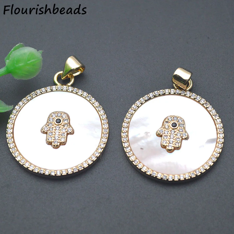 

Fashion Design 18K Gold Plated CZ Pave Mop Shell Round Hamsa Hand Evil Eye Pendants for Diy Jewelry Necklace Making 10pcs