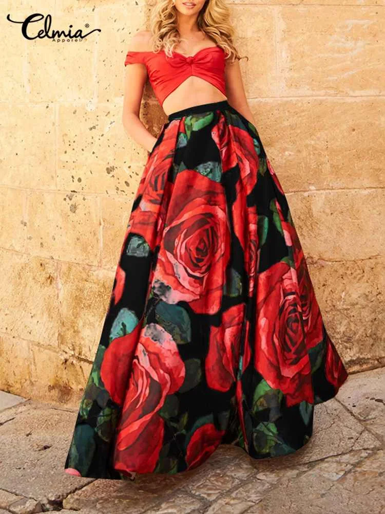 

Women Elegant High Waist Maxi Skirt Celmia Bohemian Floral Long Skirts Sum Fashion A-line Beach Skirts Summer Pockets Thin Jupes