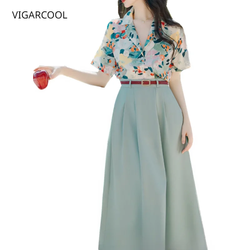 

Женский костюм с юбкой и воротником-стойкой, зеленая юбка в гонконгском стиле, декоративная рубашка с принтом в западном стиле, лето 2023