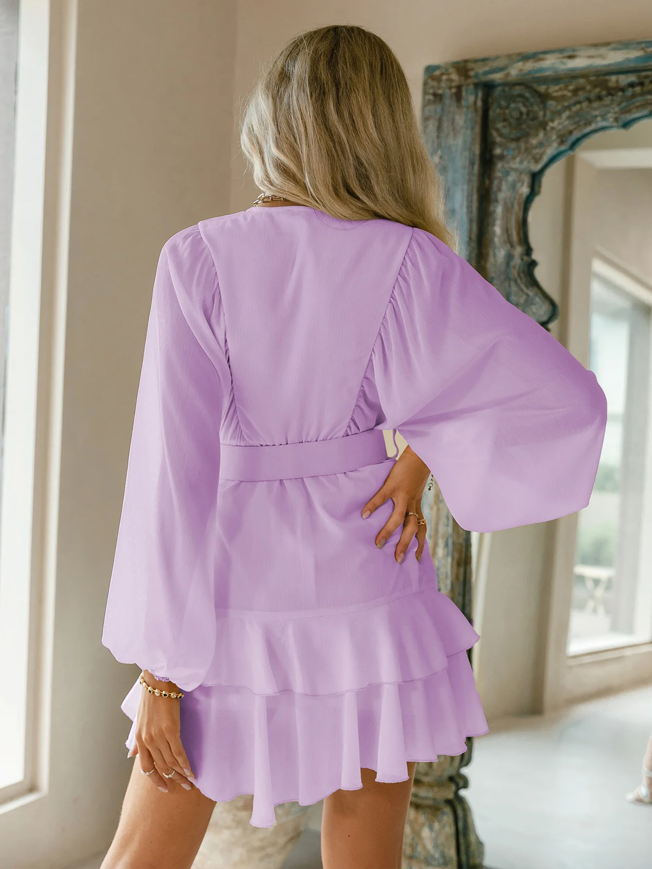 Simplee Belt blue plaid batwing long sleeve women dress summer Office ruffle shirt mini dress Casual button A-line mujer vestido