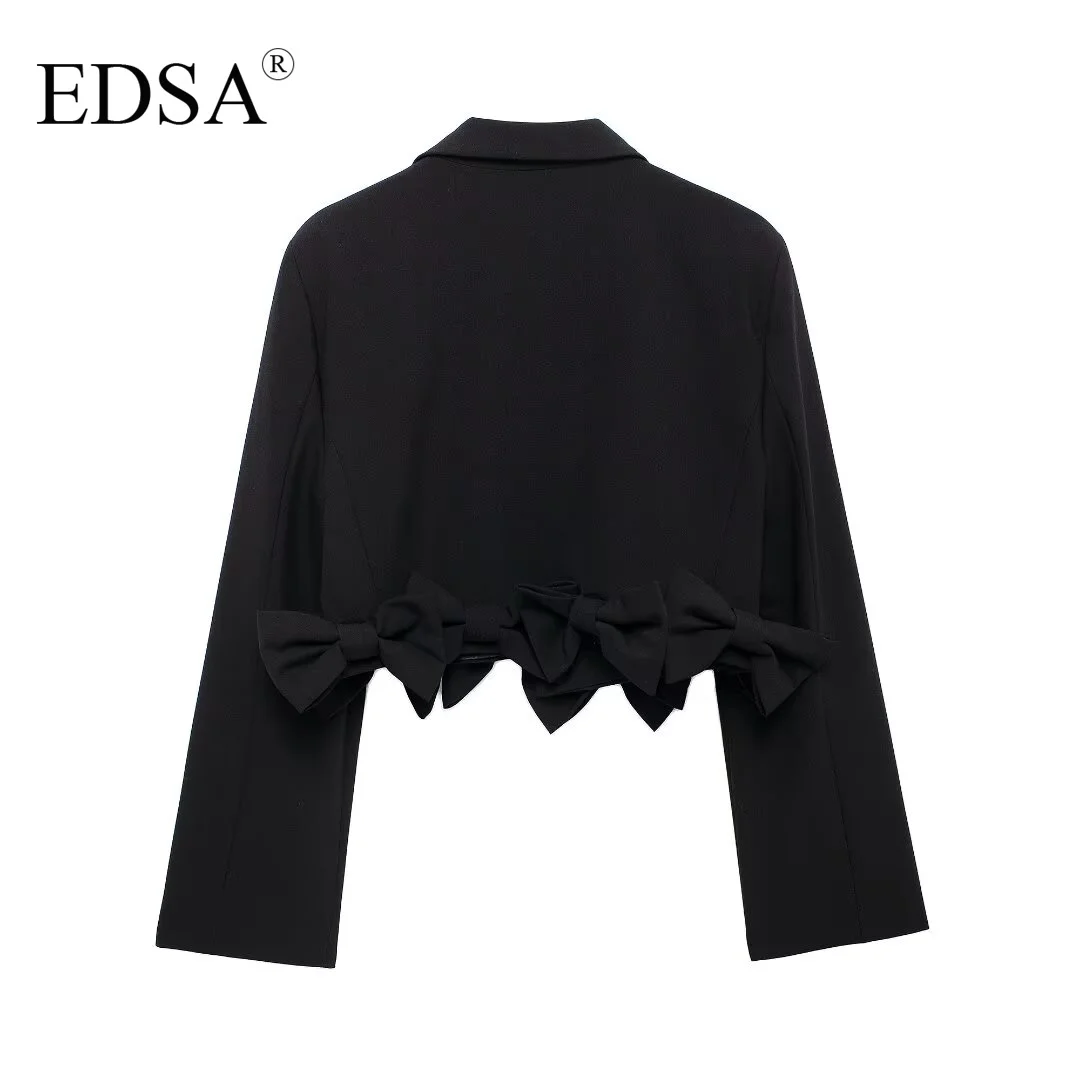 EDSA Женский Черный Короткий Пиджак С Завязками Зубчатый Воротник Длинные Рукава