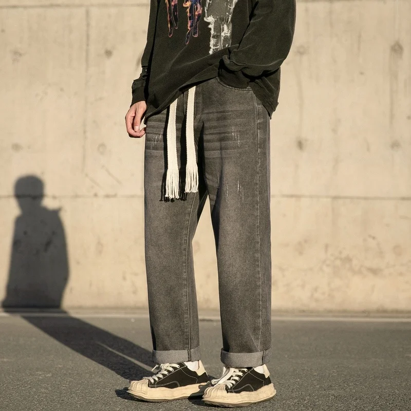 3-color Drawstring Jeans Men Fashion Retro Casual Straight Jeans Men Japanese Streetwear Hip-hop Loose Denim Pants Mens Trousers