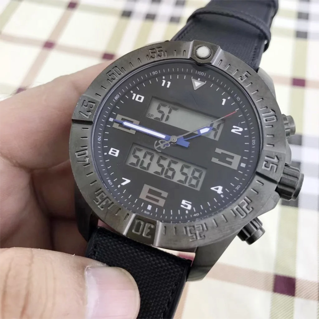 

Black Blue rubber Digital Dual Time Display mens Full Black Carbon Fiber watch