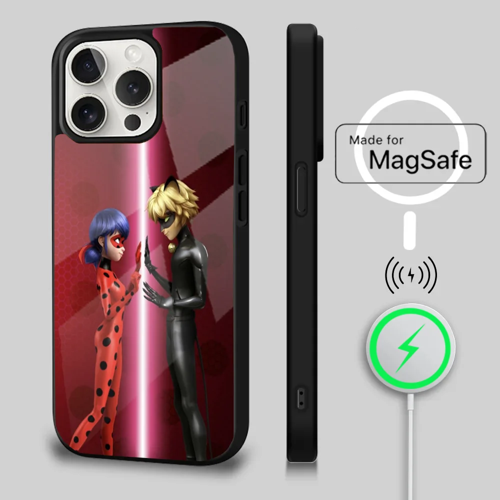 M-Miraculous Cat Noir L-Ladybug Phone Case For iPhone 16 15 14 13 12 11 Plus Pro Max Mini Magsafe Magnetic Wireless Charging