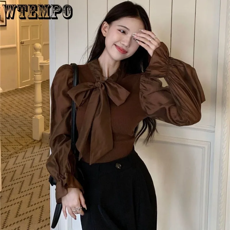 Модная рубашка WTEMPO с бантом Женская Лоскутная длинным рукавом и шнуровкой