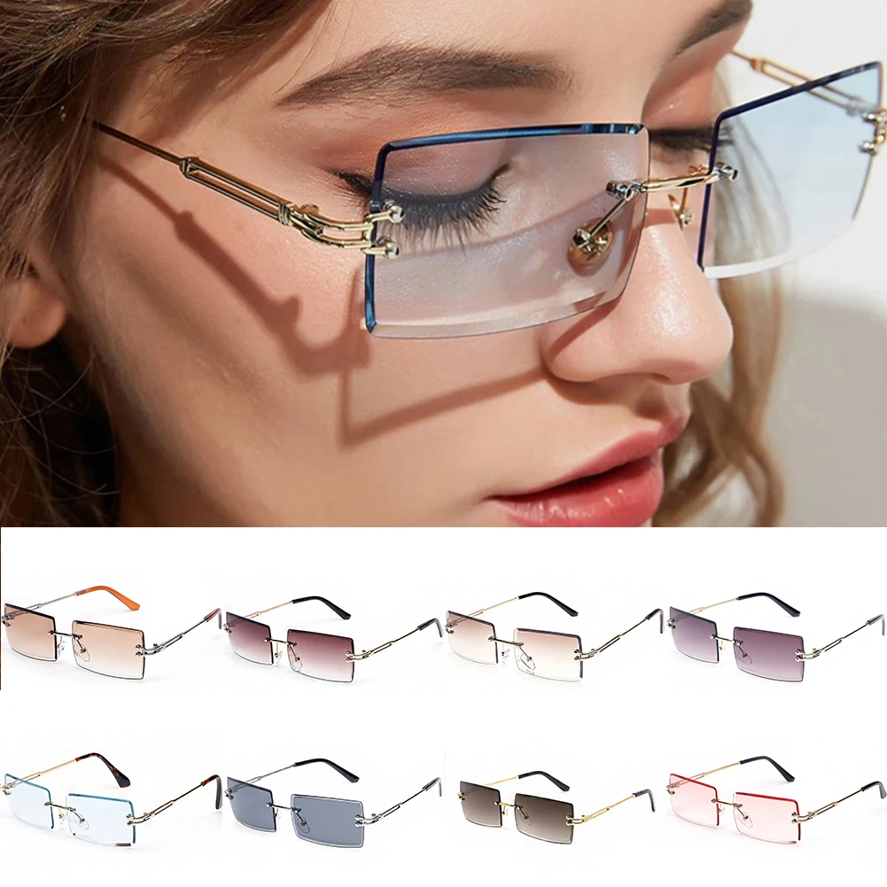 

Vintage Fashion 2022 New Sunglasses Rimless Frameless Rectangle Shades Gradient UV400 Summer Traveling Sun Glasses for Women