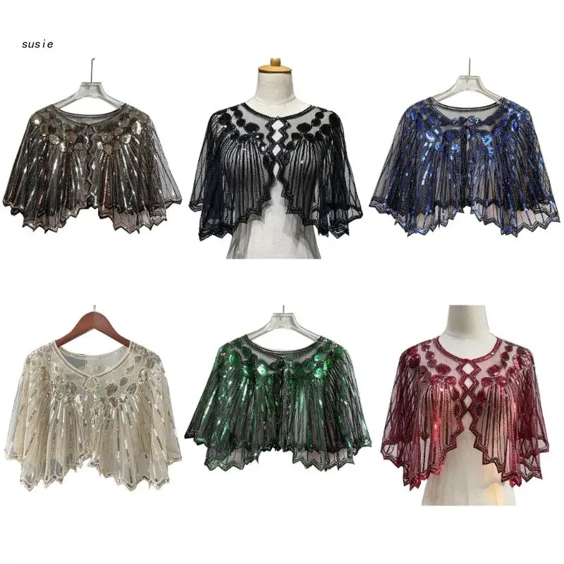 

X7YA Sequins Shawls Princess Wrap Shrug Scarf Handmade Dress Accessories for Women Gatsby Costume Theme Party