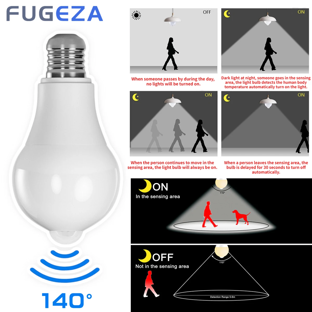 

FUGEZA 12W PIR Motion Sensor Light Bulb Ampoule LED E27 IP42 Outdoor Lighting Wall Lamp Dusk to Dawn Day Night Porch Light