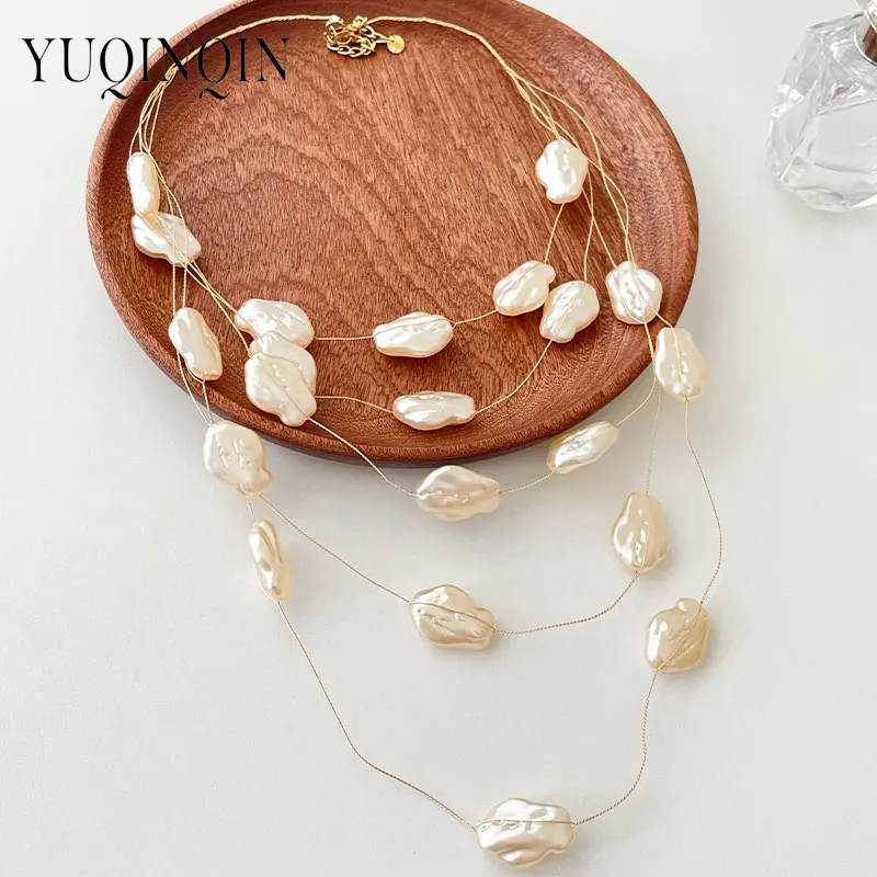 Ожерелье женское многослойное длинное с имитацией жемчуга и бусинами