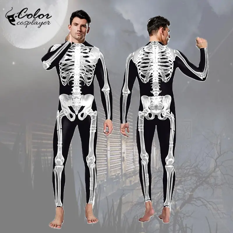 

Color Cosplayer Skeleton Jumpsuit Halloween Ghost Cosplay Costume Adult Bodysuit Men Catsuit Zipper Day of The Dead Clothing
