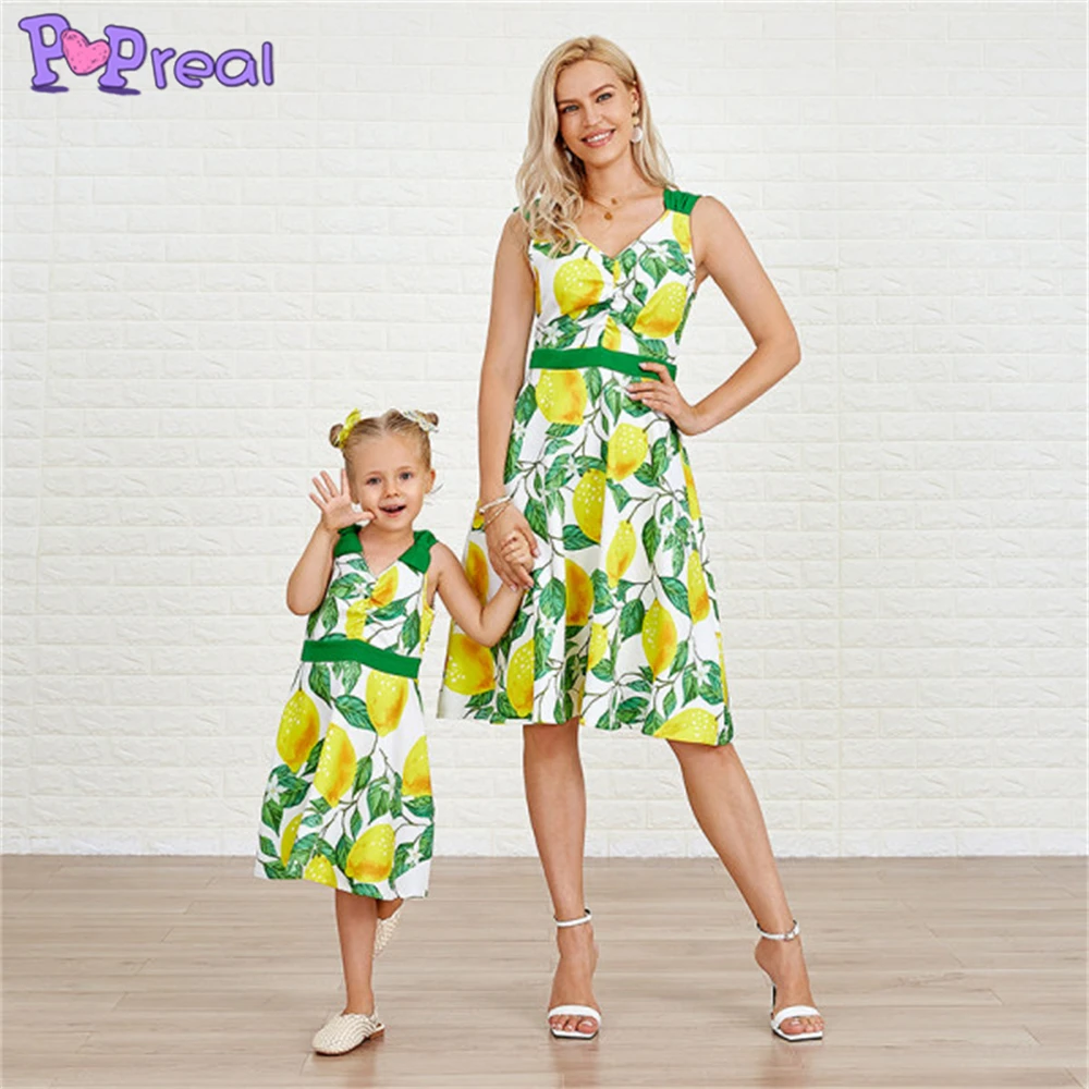 

PopReal Summer Mom And Daughter Dress Sweet Yellow Lemon Print V-Neck Mom Girl Matching Dress Mom And Me Family Matching
