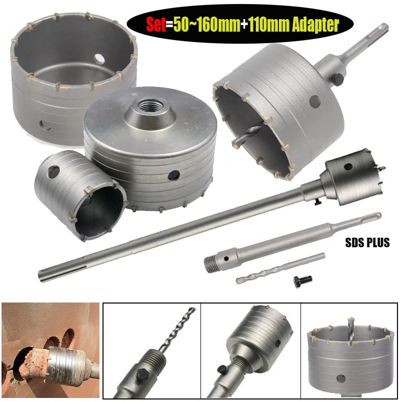 

50-160mm SDS Plus Hammer Drills Wall Hole Saw Drill Bit Set Cutter Tools with square Shaft Concrete Cement Stone Hole Opener