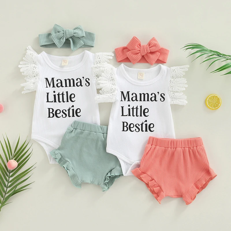 

0-18M Newborn Baby Girl 3Pcs Causal Summer Clothing Off Shoulder Letter Bodysuit Top Solid Shorts Headband
