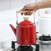 enamel on steel tea kettle 2l cylindrical shape teakettle with wood handle vintage style teapot red white coffee color