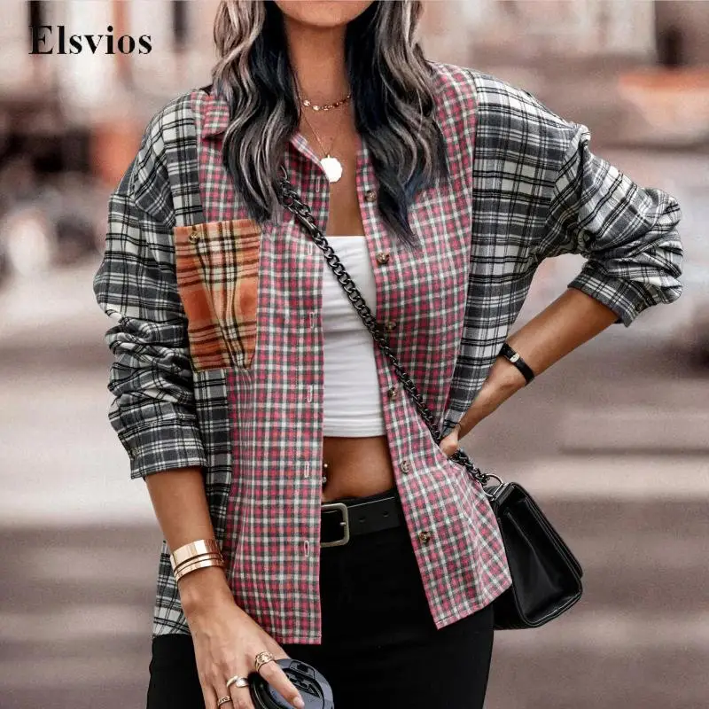 

Women Elegant Turndown Collar Loose Blouse Lady Casual Long Sleeve Button Tops Blusa Commute Fashion Patchwork Plaid Print Shirt