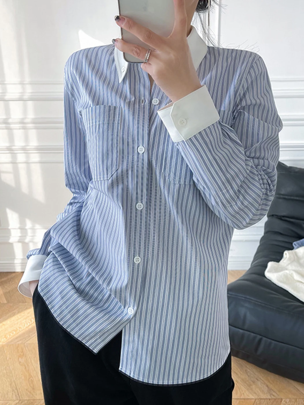 

Classic Blue Striped Blouse Casual Shirts Women Spring Car Horse Embroidery Polo-neck Long Sleeve Buttons Fashion All-match Tops