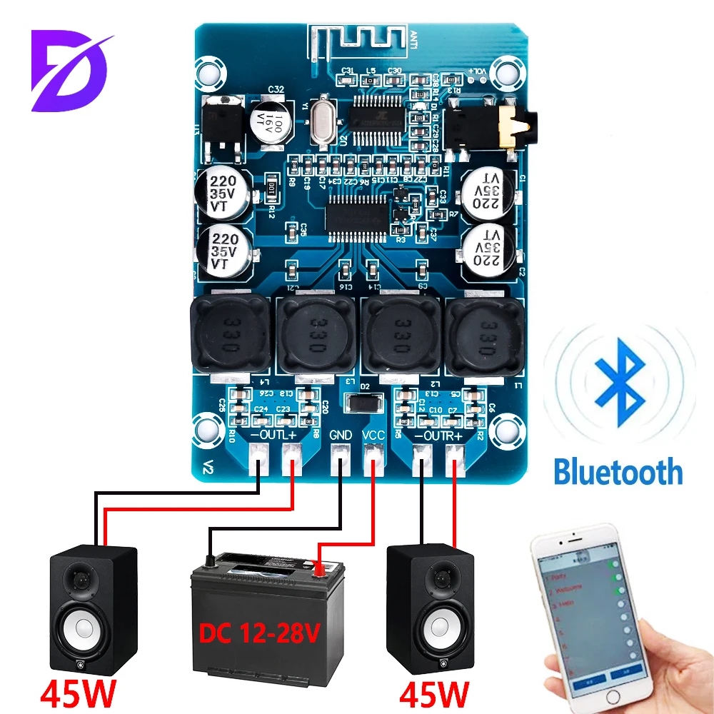 

DC 12V 24V Stereo Audio 2x45W Bluetooth Digital Power Amplifier Board amplificador High Quality XH-M314 TPA3118