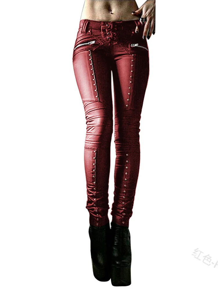

Harajuku Retro Solid Color Tight Rivet Stitching Pleated Trousers Gothic Zipper Pocket Leather Pants 2022 New Autumn Trousers