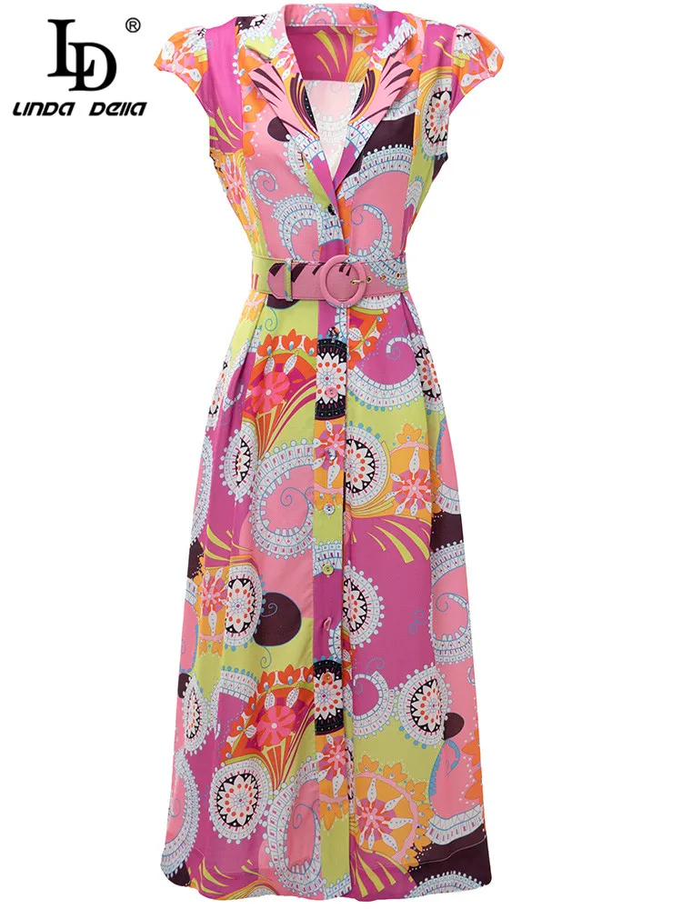 

LD LINDA DELLA Fashion Designer Summer Dress Women V-neck Belted Single Breasted Flower Print Vintage Party Midi Dresses