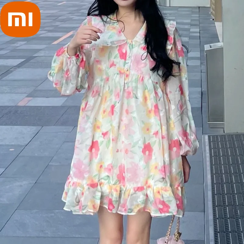 

Летнее милое платье Xiaomi с цветочным принтом, женское пляжное корейское модное вечернее мини-платье для вечеринки, милое осеннее платье прин...