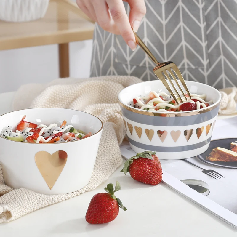 

European Style Gold Ceramic Salad Bowl Cereal Rice Soup Mixing Bowl Porcelain Tableware For Dinner High Quality Couples Designs