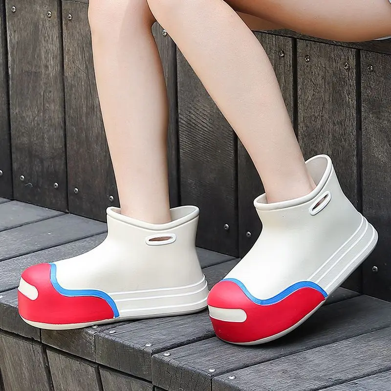 2023 Trendy Rain Boot Women's Wide Fit Rainshoes Woman Waterproof Ankle Rainboots Ladies Galoshes Pink Patches EVA Rain Boots