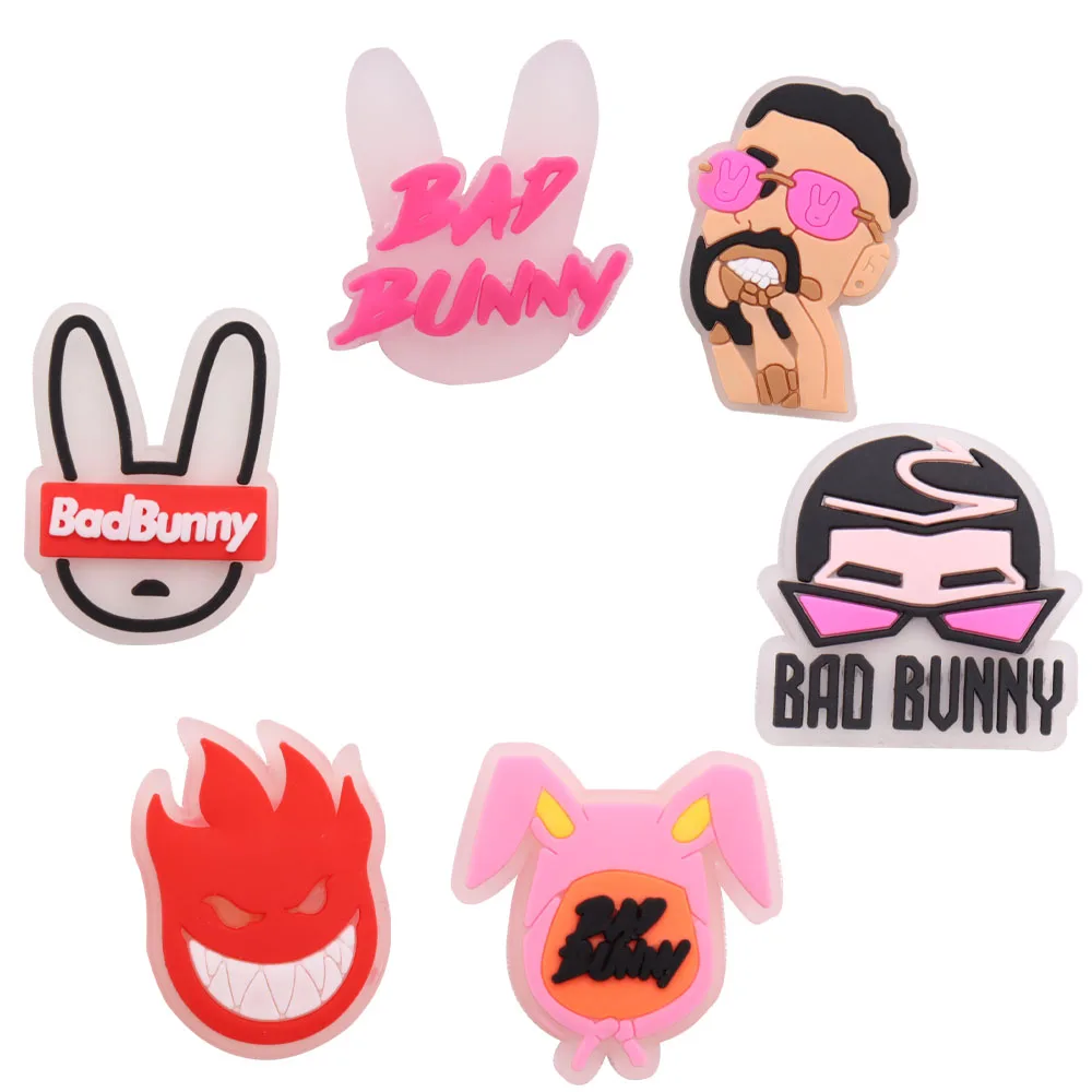 

1-6PCS PVC Cute Cartoon Shoe Charms Kawaii Grow On The Night Bad Bunny Man Rabbit Fire Luminous Croc Jibz Decorations Kid Gift