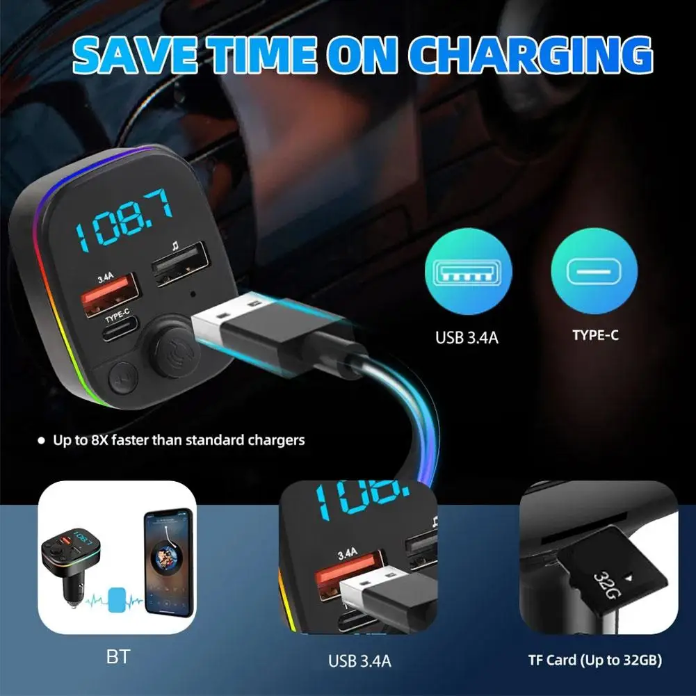 

Car Bluetooth 5.0 FM Transmitter Handsfree Car Kit With PD 20W Type-C Dual USB 3.4A Fast Charger Ambient Light Cigarette lighter