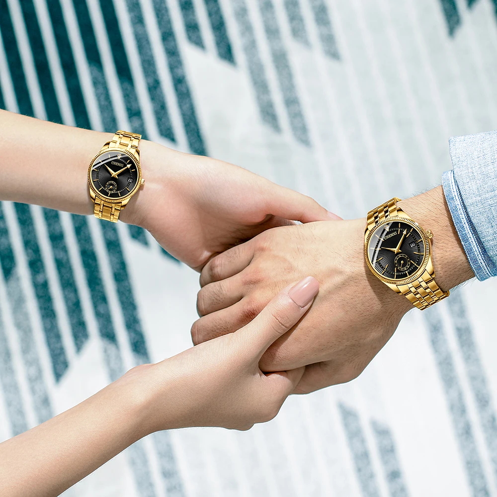 CHENXI Couple Wrist Watch Business Casual Stainless Steel Gold Watches For Women And Men Golden Watches Gift His Hers Watch Sets