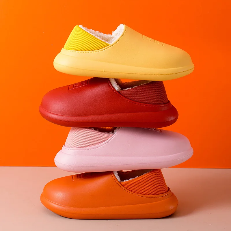 

Winter Warm Slippers Couples Shoes Waterproof Non-Slip Thicken Plush Cotton Outdoor Flip Flop Slippers Soft Thick Heel Slides