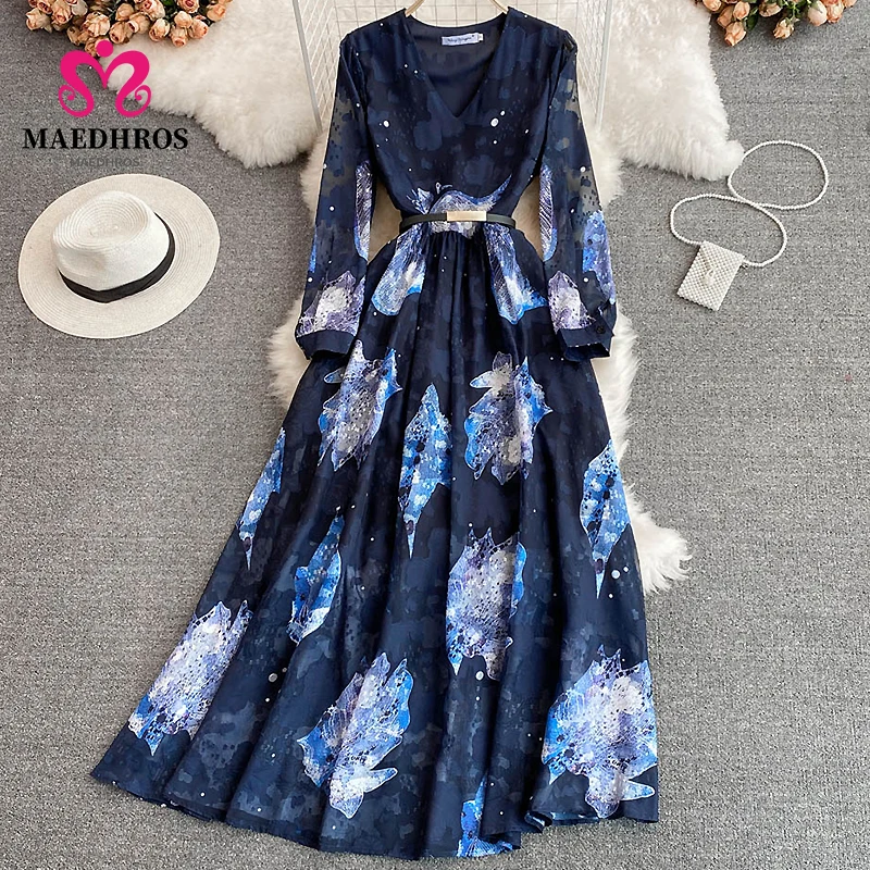 

New Spring Vintage Fashion Streetwear Elegant Midi Dress for Women Floral Print Dredss Ladies Long Sleeve O Neck A Line Dress