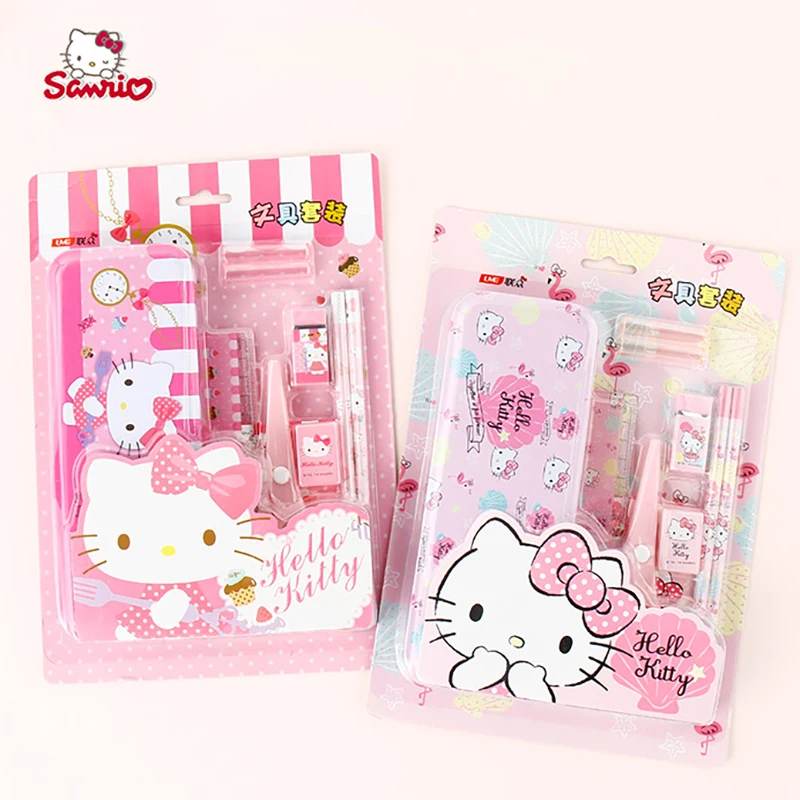 Juego de papelería de 8 uds, caja de regalo Kawaii, estuche para lápices, regla, borrador, sacapuntas, Sanrio Hello Kitty