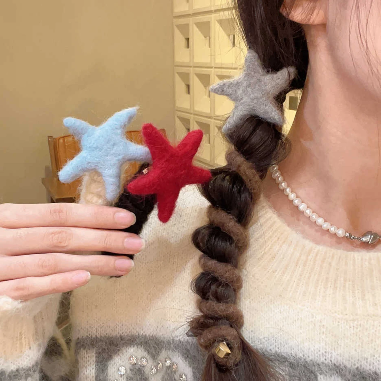 

1PC Sweet Star Straight Telephone Line Plush Hair Tie Ponytail Holders Ornaments Rubber Hair Bands For Girls Hair Accessories