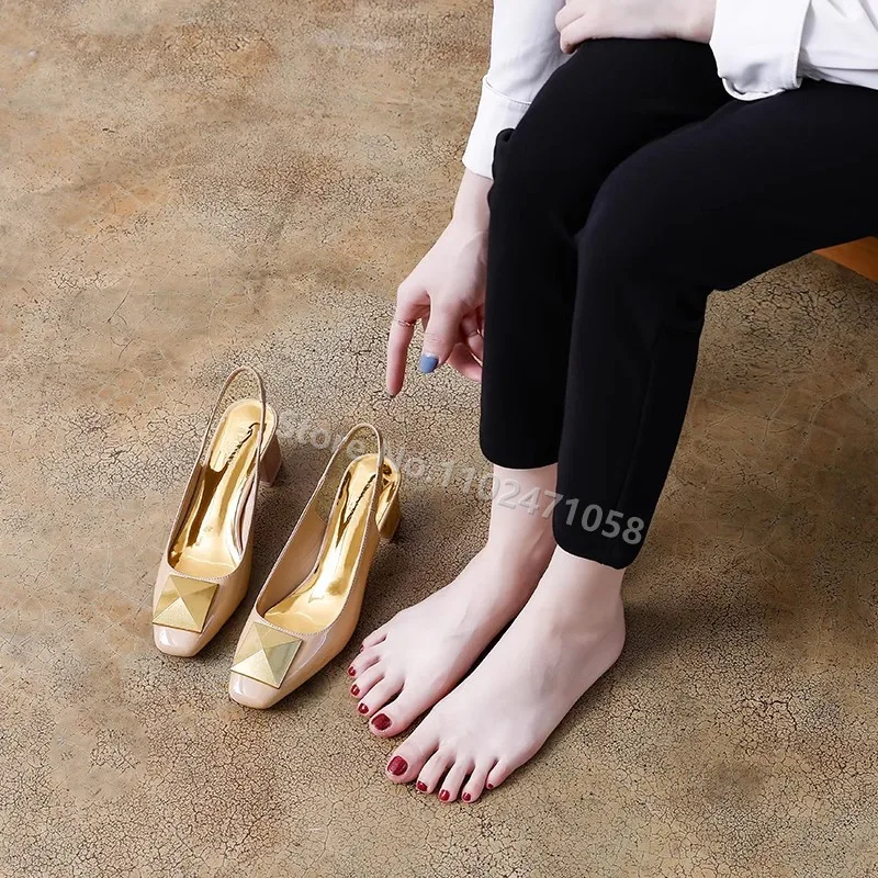Rivet Square Toe Chunky Heels Pumps Slingback Hight Heels Women Summer Sandals Shallow Slip-On Hight Heels Ladies Dress Shoes