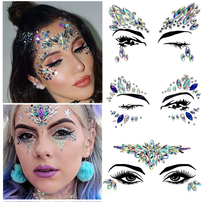 

3D Sexy Face Tattoo Stickers Temporary Tattoos Glitter Fake Tattoo Rhinestones for Women Party Face Jewels Tattoo