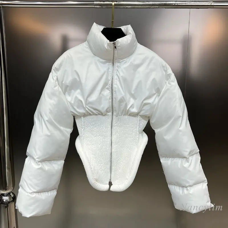 2022 Winter Stand Collar Long Sleeve Irregular Waist Parka for Women Three-Dimensional Edge Short Cotton Padded Clothes Femme
