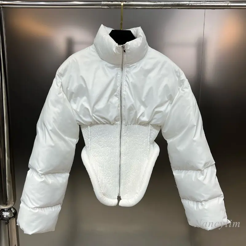 

2022 Winter Stand Collar Long Sleeve Irregular Waist Parka for Women Three-Dimensional Edge Short Cotton Padded Clothes Femme