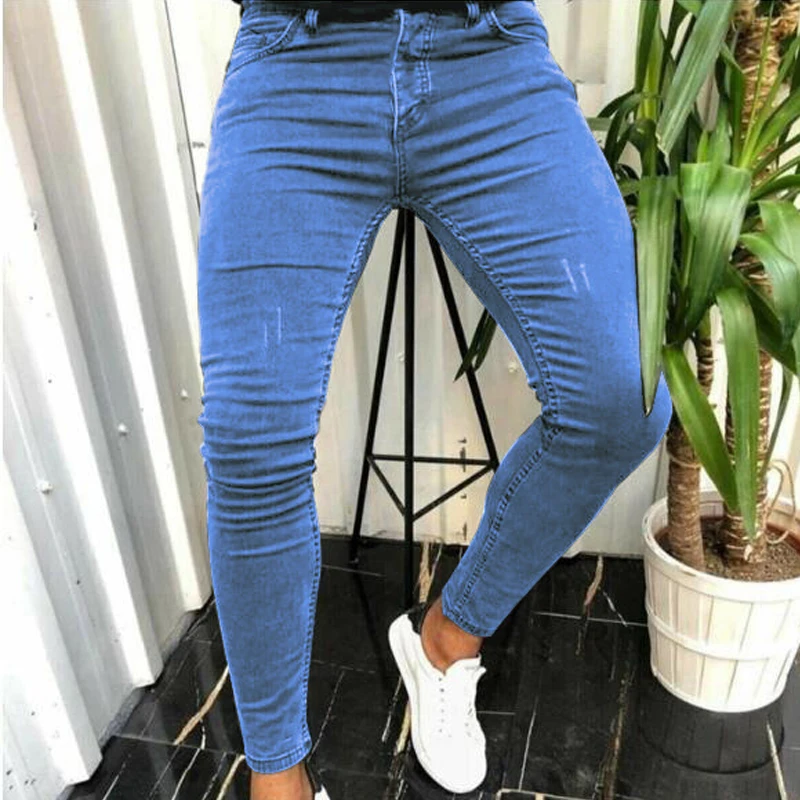 2022 Autumn Winter New Men's Jeans Mid Waist Solid Color Casual Trend Trousers Streetwear High Quality Stretch Skinny Jeans