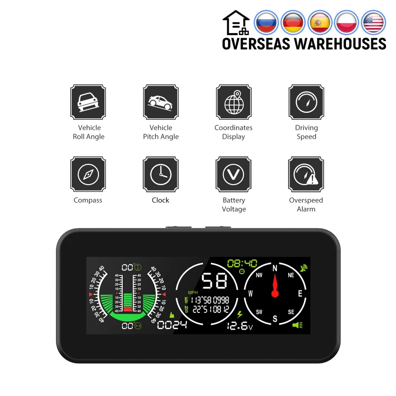

Car Slope Meter Inclinometer Speedometer GPS Speed Compass Pitch Angle Roll Angle Safety Alarm For Auto Off Road