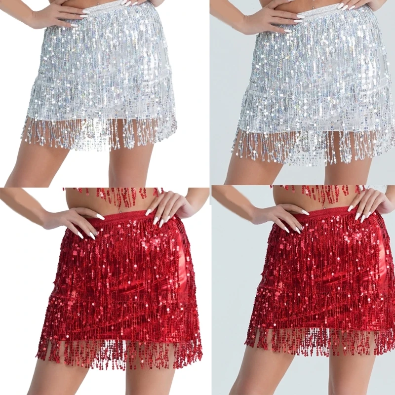 95AB Мини-юбка с блестящими кисточками Женская праздничная одежда эластичной