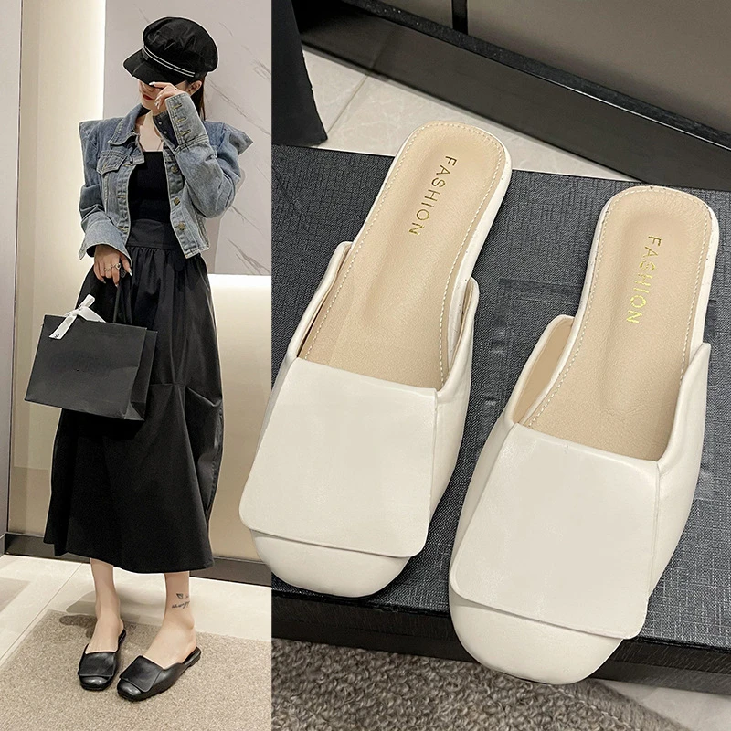 

Casual Slippers Women Shoes Summer Mules Ladies Flat Shoe Square Toe Slipper Solid Color Fashion Slides Outside Pantuflas Mujer