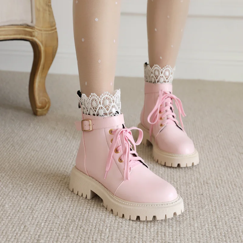 

Women's Ankle Boots Pu Leather Fall Winter Girls Booties Sweet Hollow Laces Ankle Shoes Square Heels Platforms Botas Mujer Pink