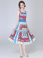 fashion runway summer dress 2022 new womens spaghetti strap backless blue and white porcelain floral print long dress n1143