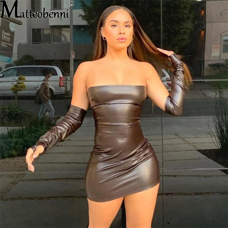 

Leather With Gloves Party Dress Women's Backless Sexy Low Cut Clubwear Skinny Black Bodycon Mini Dresses Female Latex Catsuit