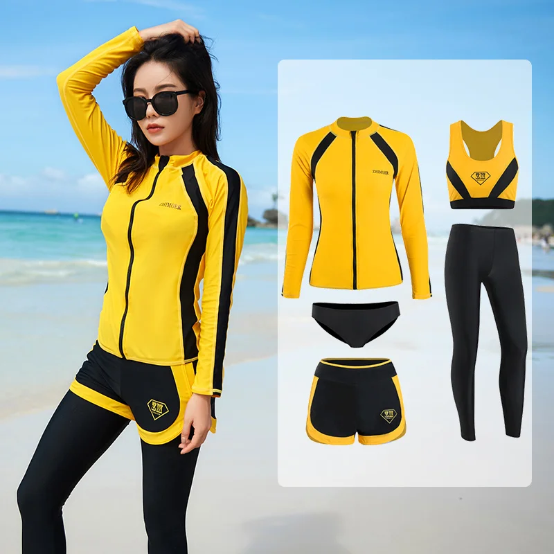 

Long Sleeve Rash Guard Couple Solid Yellow Surf Suit Women Long Leggings Swimsuit Zipper Swimwear High Neck Long Panties Bathing