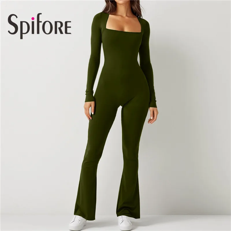 Женский комбинезон с длинным рукавом квадратным вырезом и расклешенными брюками